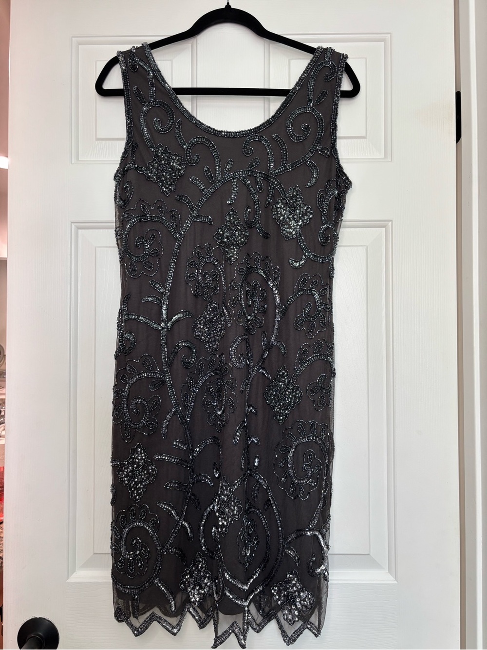 Gray Beaded Sleeveless Cocktail Dress